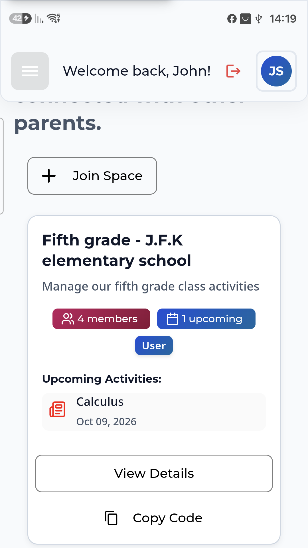A class space on the dashboard, showing its members, the next activity, and the Copy Code button