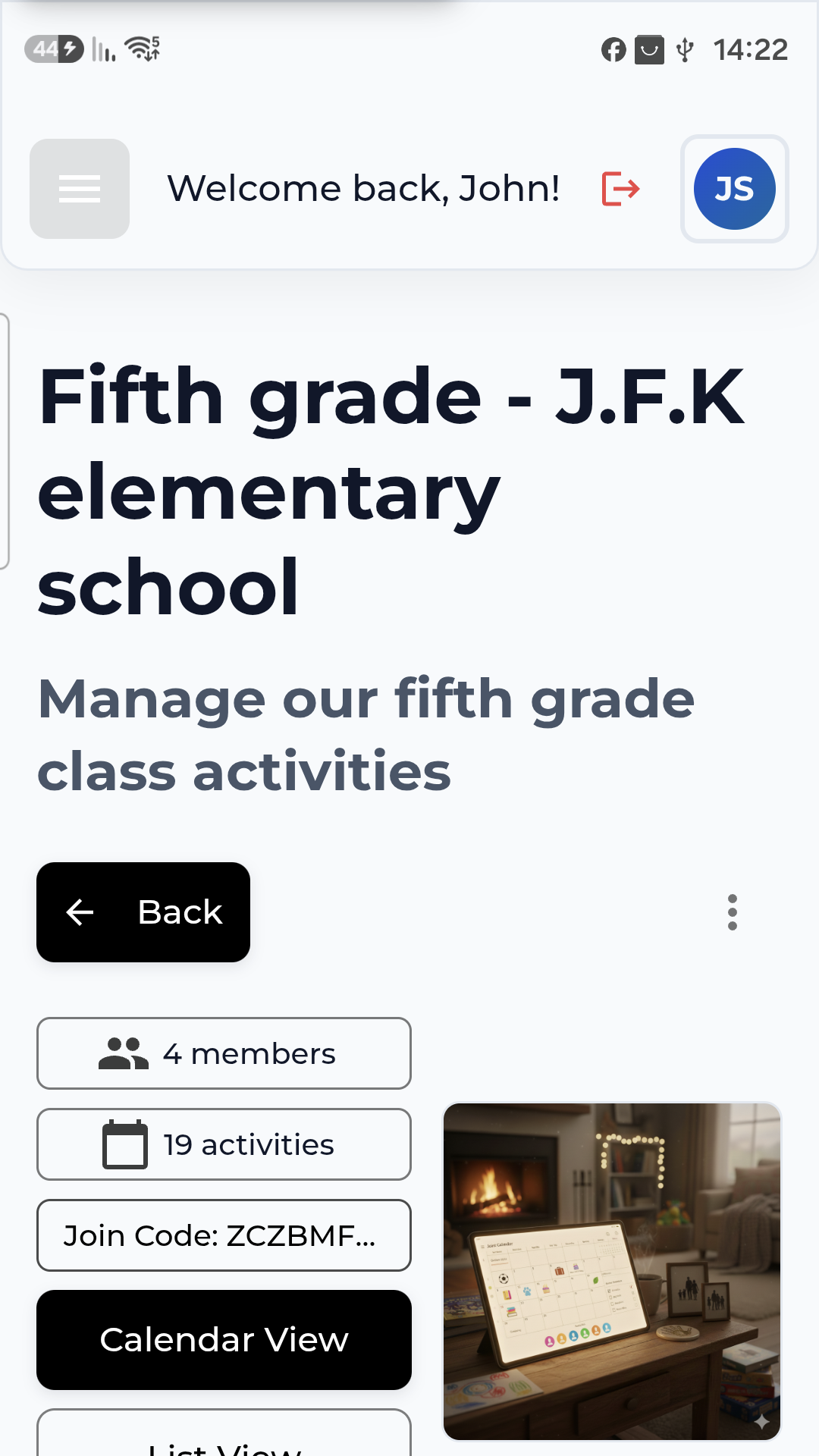 The class space page with its join code and the calendar and list views