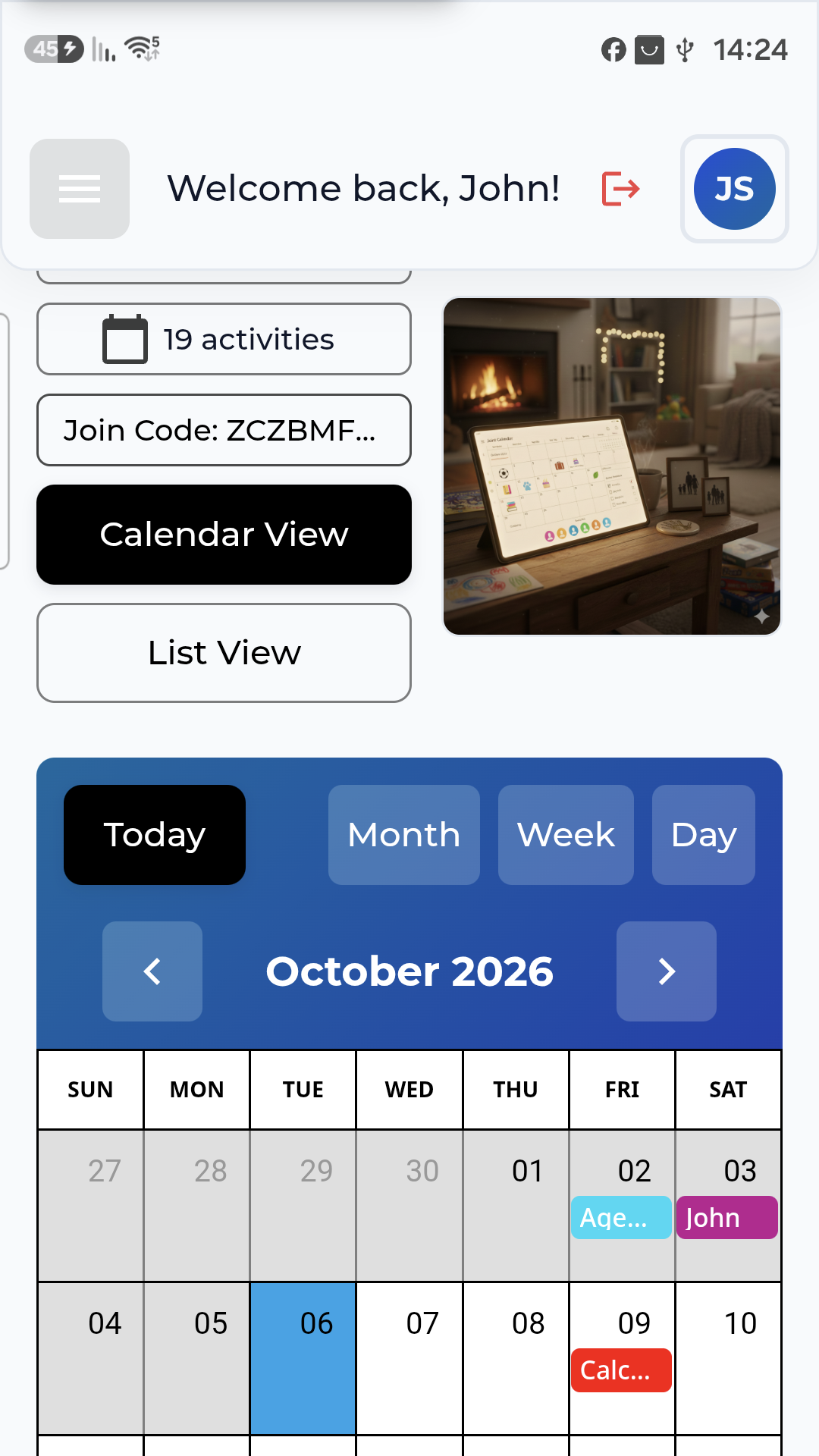 The shared month calendar with activities from the class space